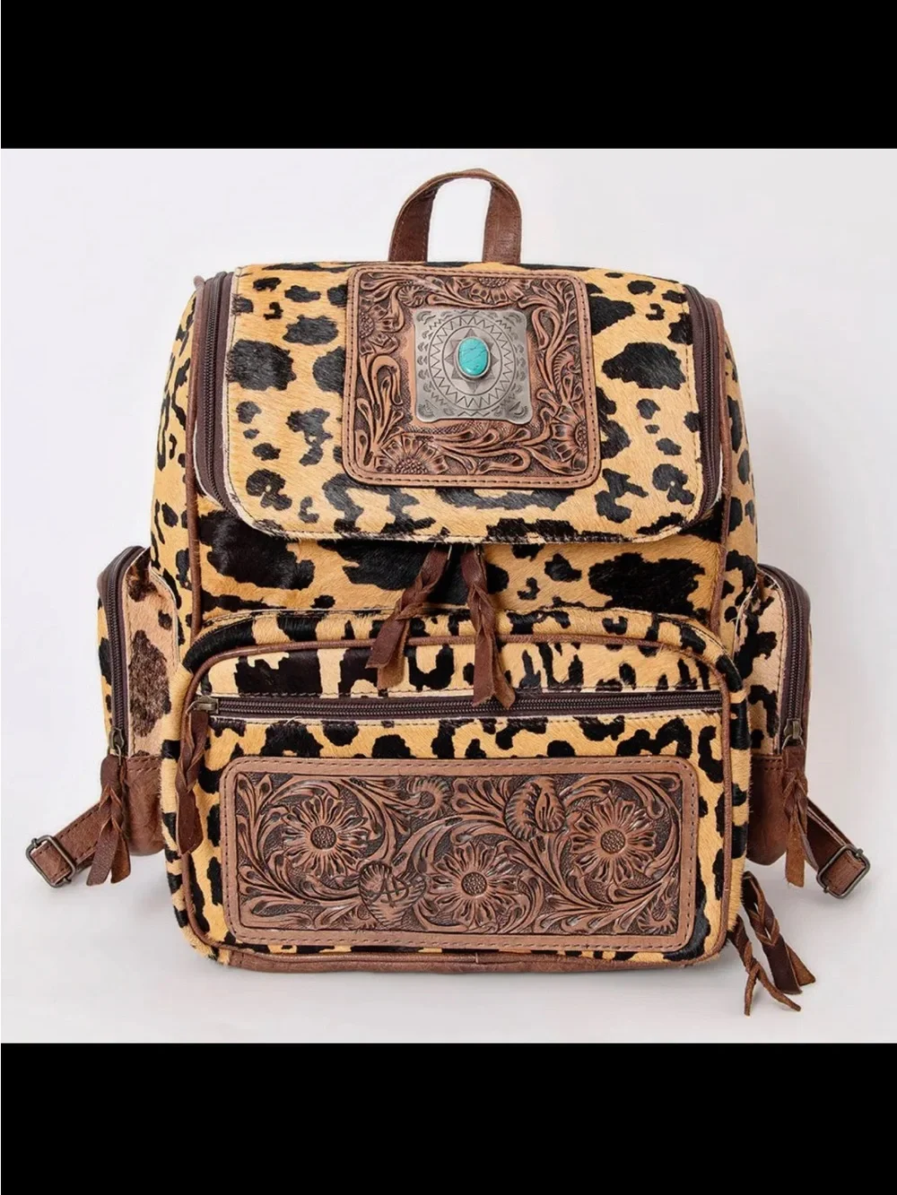 American Darling Leopard-Print Backpack with Brown Leather & Turquoise Accent